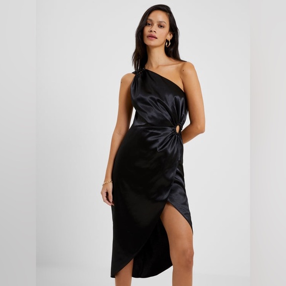 French Connection Adaline One-Shoulder Satin Midi Dress Black Size 8 NWT - Picture 2 of 11